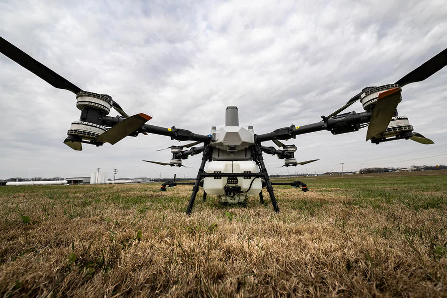 a close up view of a large, professional grade ag drone at Taft Drones